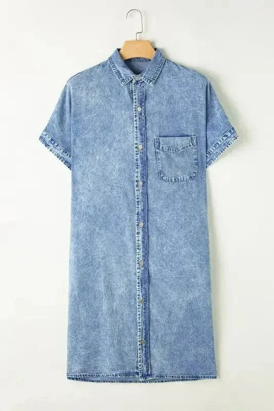 Denim Dresses Loose Chambray Dress - Short Sleeve