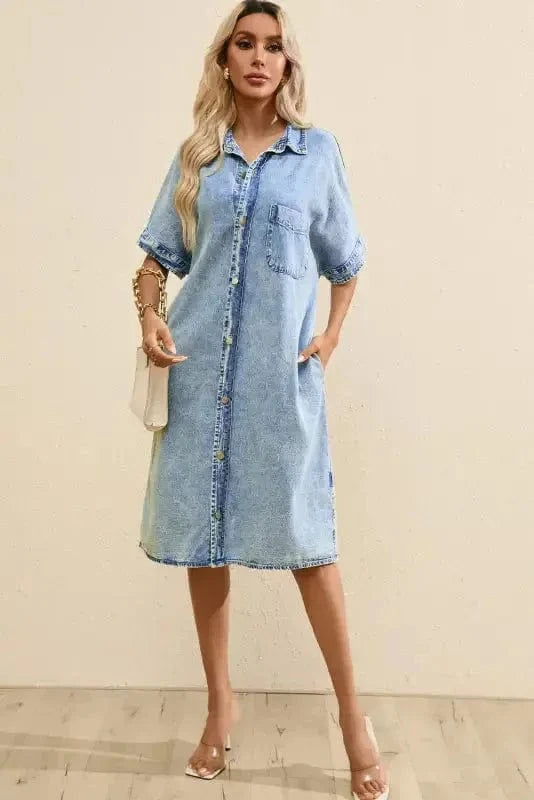 Denim Dresses Loose Chambray Dress - Short Sleeve