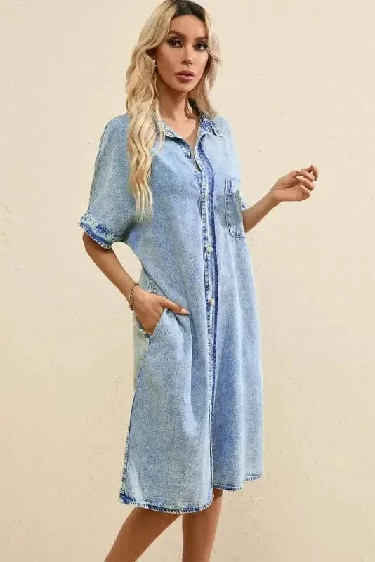 Denim Dresses Loose Chambray Dress - Short Sleeve