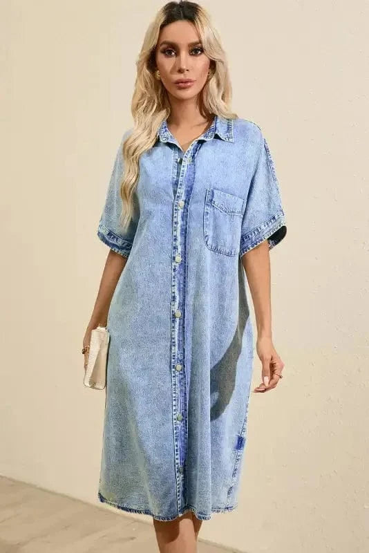 Denim Dresses Loose Chambray Dress - Short Sleeve