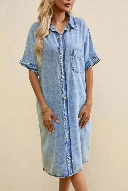 Denim Dresses Loose Chambray Dress - Short Sleeve