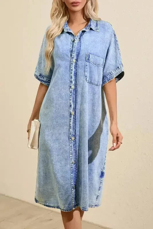 Denim Dresses Loose Chambray Dress - Short Sleeve