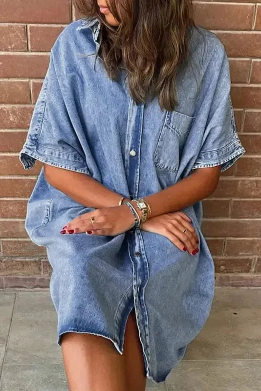Denim Dresses Loose Chambray Dress - Short Sleeve