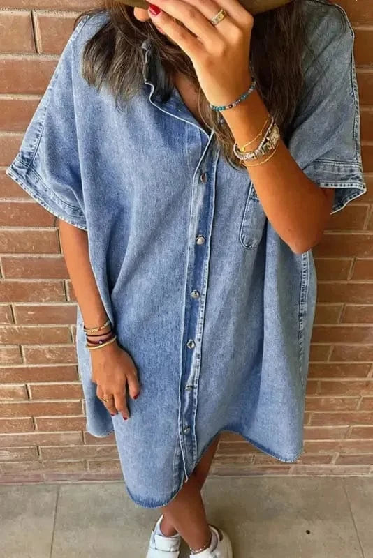 Denim Dresses Loose Chambray Dress - Short Sleeve