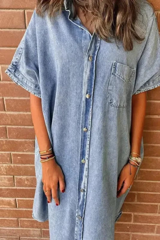 Denim Dresses Loose Chambray Dress - Short Sleeve