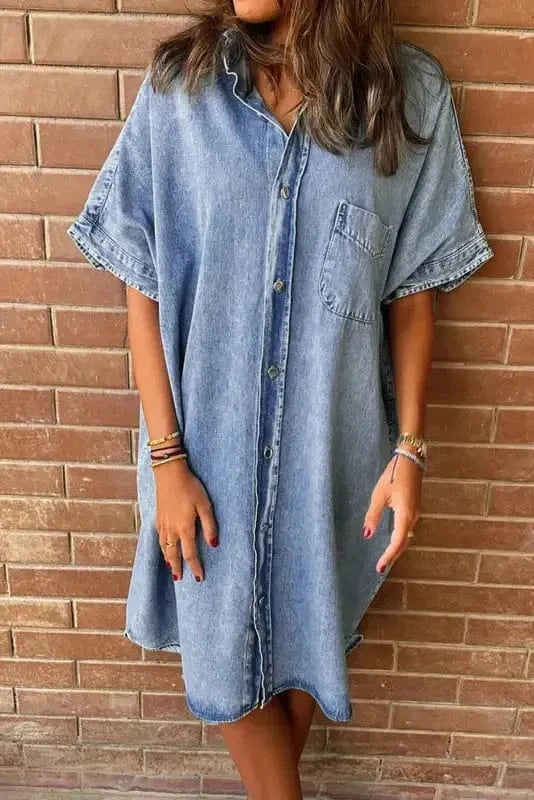 Denim Dresses Loose Chambray Dress - Short Sleeve
