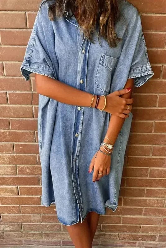 Denim Dresses Loose Chambray Dress - Short Sleeve