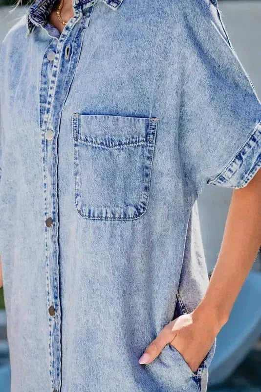 Denim Dresses Loose Chambray Dress - Short Sleeve