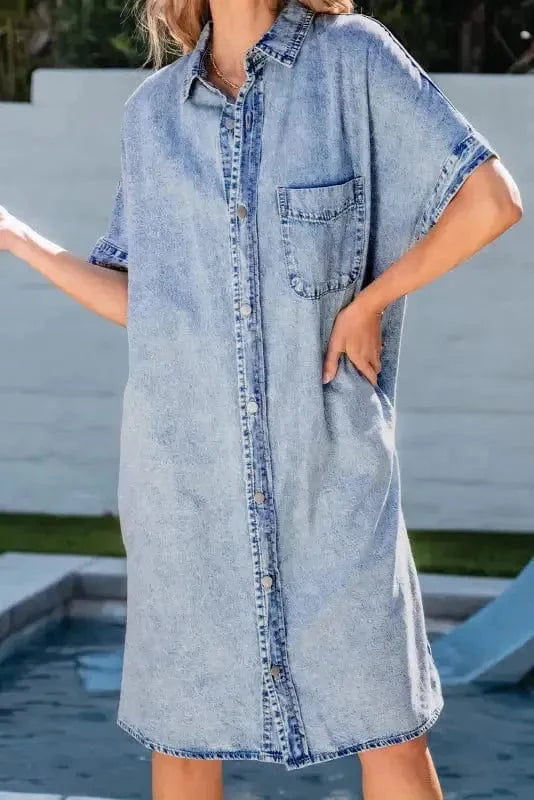 Denim Dresses Loose Chambray Dress - Short Sleeve