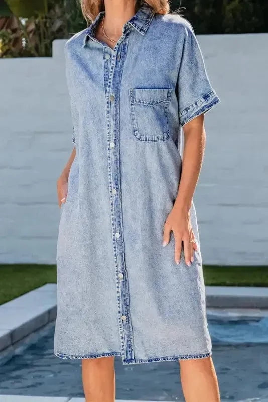 Denim Dresses Loose Chambray Dress - Short Sleeve