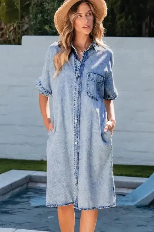 Denim Dresses Loose Chambray Dress - Short Sleeve