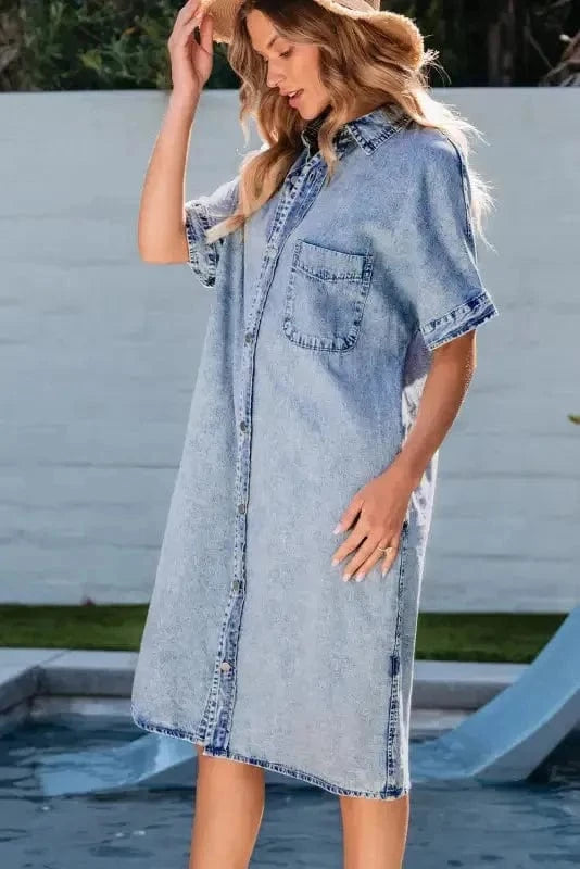 Denim Dresses Loose Chambray Dress - Short Sleeve