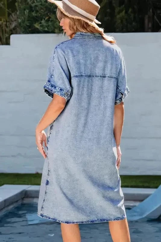 Denim Dresses Loose Chambray Dress - Short Sleeve