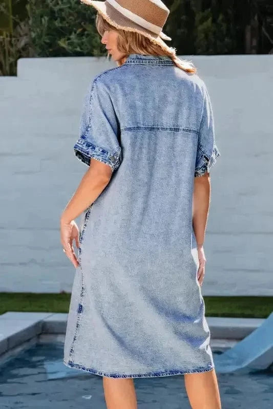 Denim Dresses Loose Chambray Dress - Short Sleeve