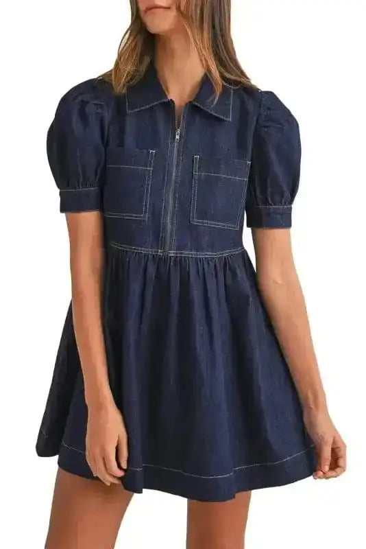 Denim Dresses Mini Denim Dress - Short Puff Sleeve