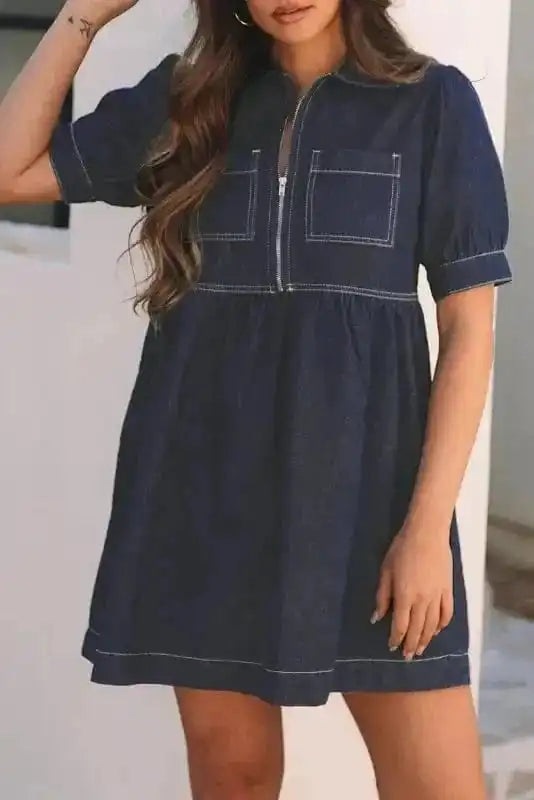 Denim Dresses Mini Denim Dress - Short Puff Sleeve