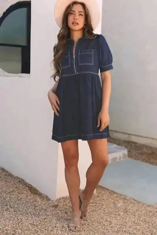 Denim Dresses Mini Denim Dress - Short Puff Sleeve