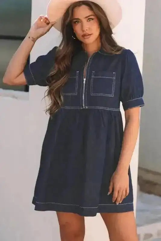 Denim Dresses Mini Denim Dress - Short Puff Sleeve
