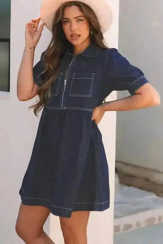 Denim Dresses Mini Denim Dress - Short Puff Sleeve