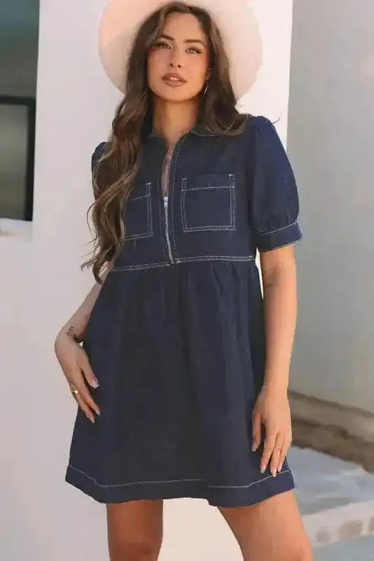 Denim Dresses Mini Denim Dress - Short Puff Sleeve