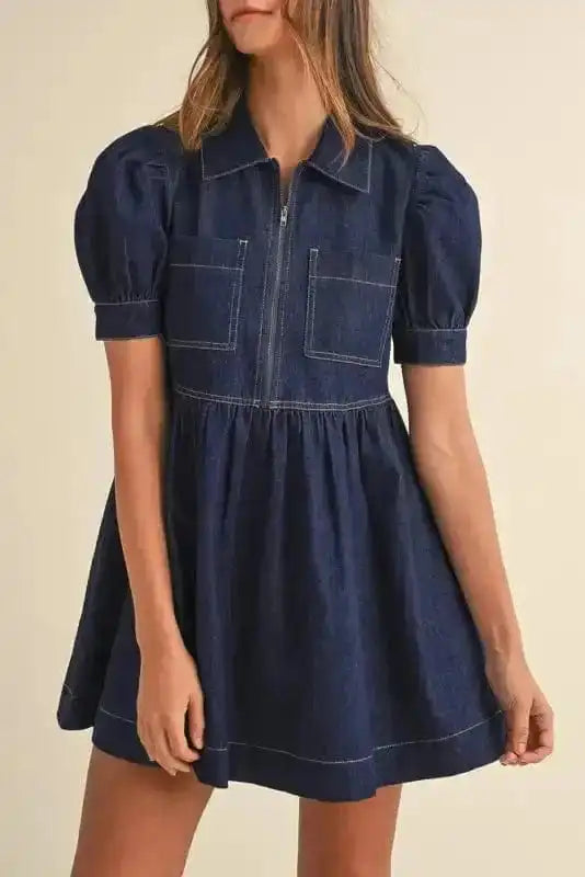 Denim Dresses Mini Denim Dress - Short Puff Sleeve