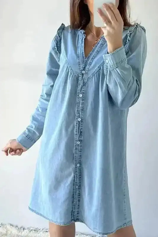 Washed blue denim ruffle shift casual mini dress front view — Fashionfitz UK