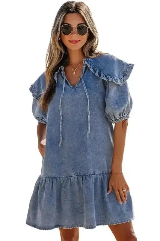 Denim Dresses Puff Sleeve Denim Mini Dress