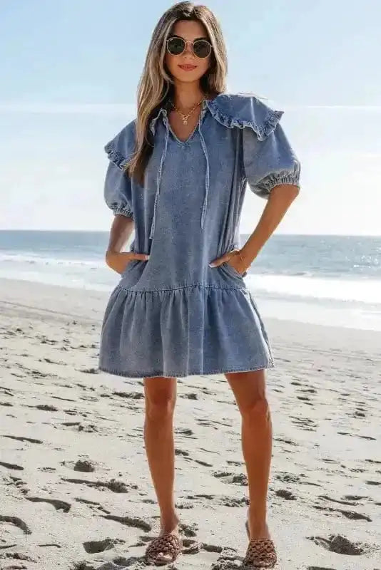 Denim Dresses Puff Sleeve Denim Mini Dress