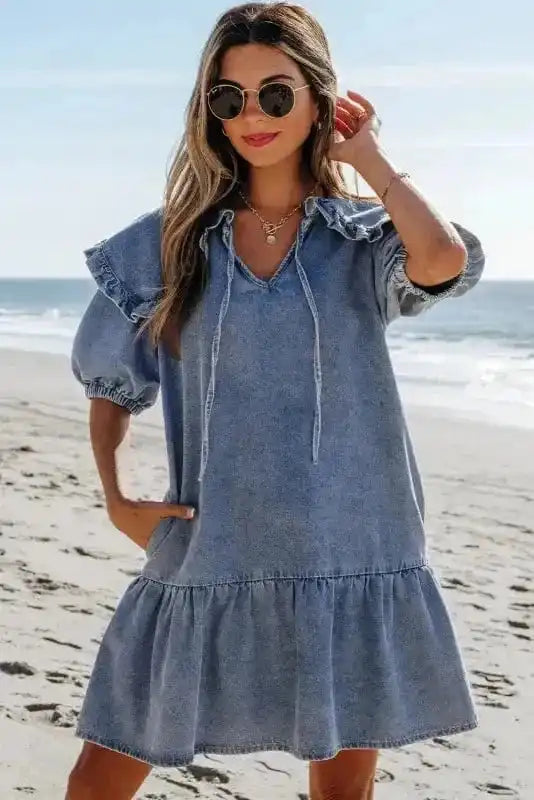 Denim Dresses Puff Sleeve Denim Mini Dress