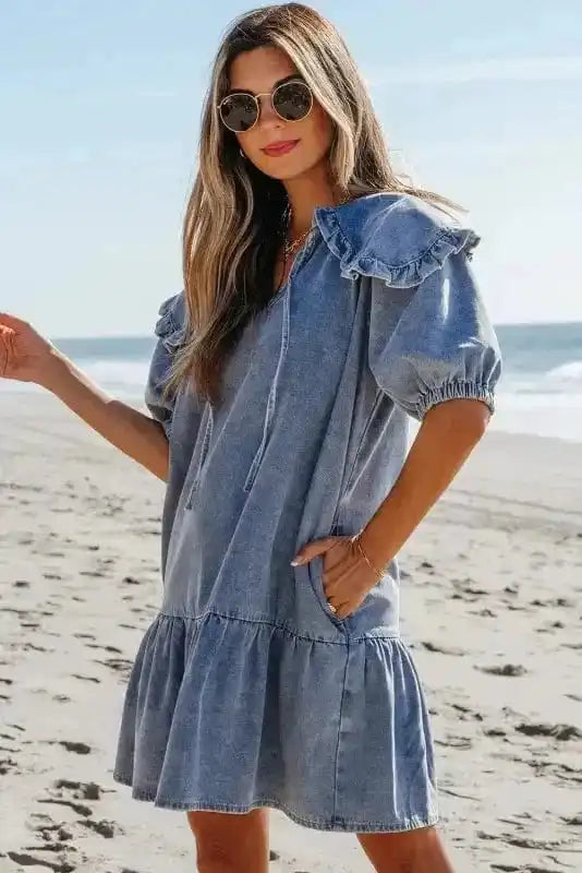 Denim Dresses Puff Sleeve Denim Mini Dress