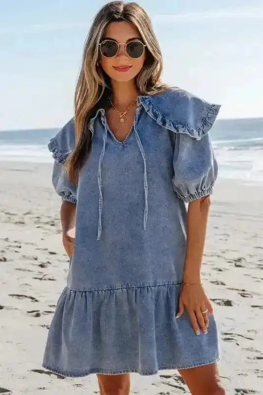 Denim Dresses Puff Sleeve Denim Mini Dress
