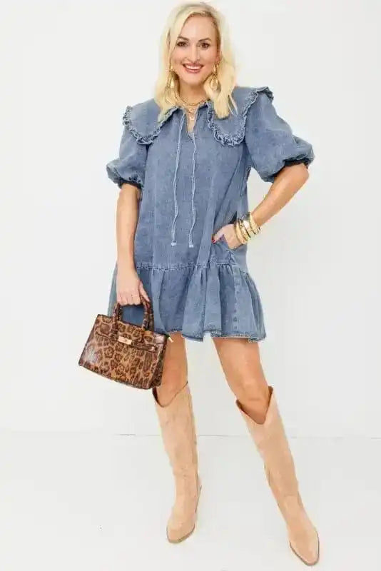Denim Dresses Puff Sleeve Denim Mini Dress