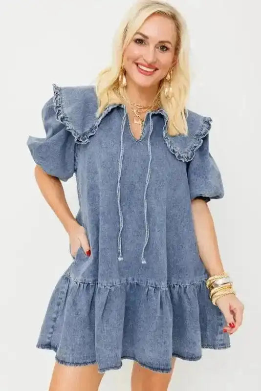 Denim Dresses Puff Sleeve Denim Mini Dress