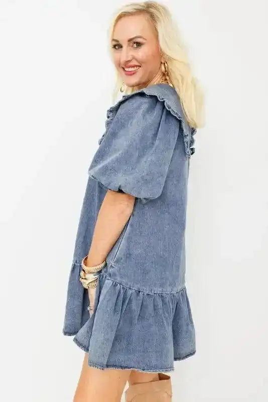 Denim Dresses Puff Sleeve Denim Mini Dress