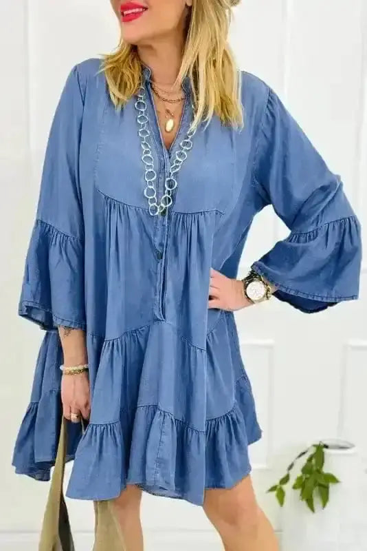 Sky blue denim tiered rick rack chambray mini dress front view — Fashionfitz UK
