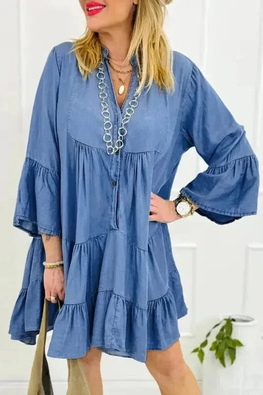 Denim Dresses Sky Blue / S / 95%Cotton+5%Polyester Denim Dainty Tiered Dress
