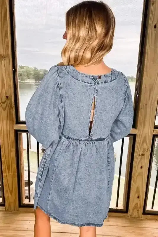 Blue denim puff sleeve mini dress back view — Fashionfitz UK