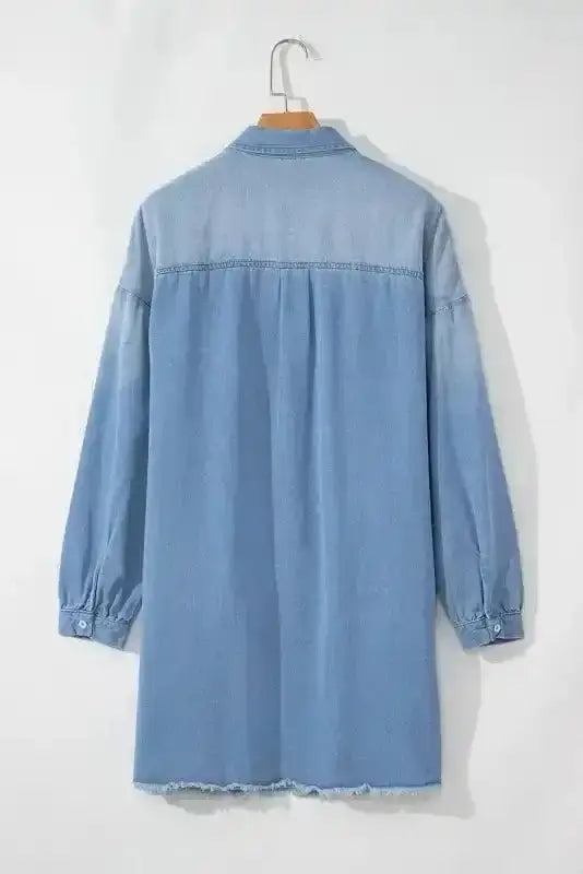 Denim tunic frayed hem mini dress back view — Fashionfitz UK