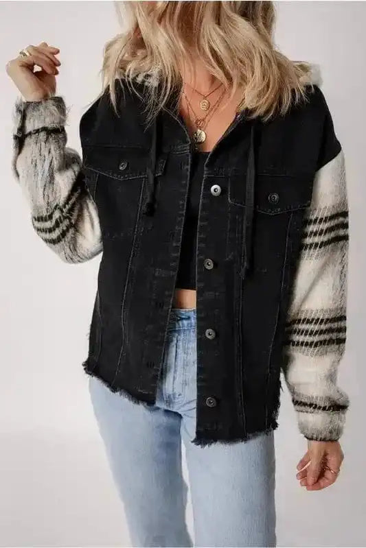 Denim Jackets Black / S / 70%Cotton+30%polyester Rebel Plaid Hooded Denim Jacket