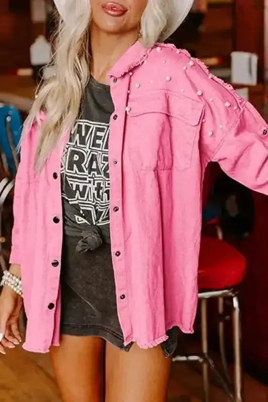 Denim jackets Bonbon / S / 100%Cotton Pearl Beaded Denim Jacket