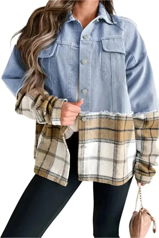 Denim Jackets Khaki / S / 75%Cotton+25%Polyester Plaid Fusion Oversized Denim Jacket