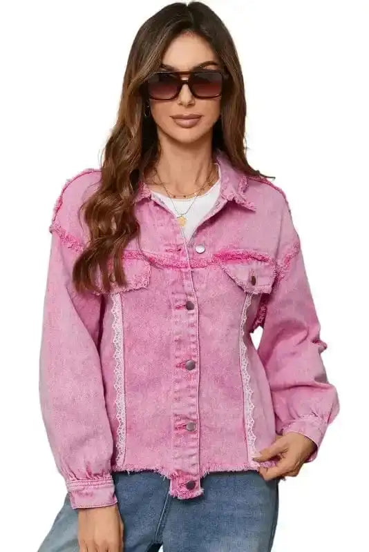 Denim jackets Lace Accents Distressed Denim Jacket