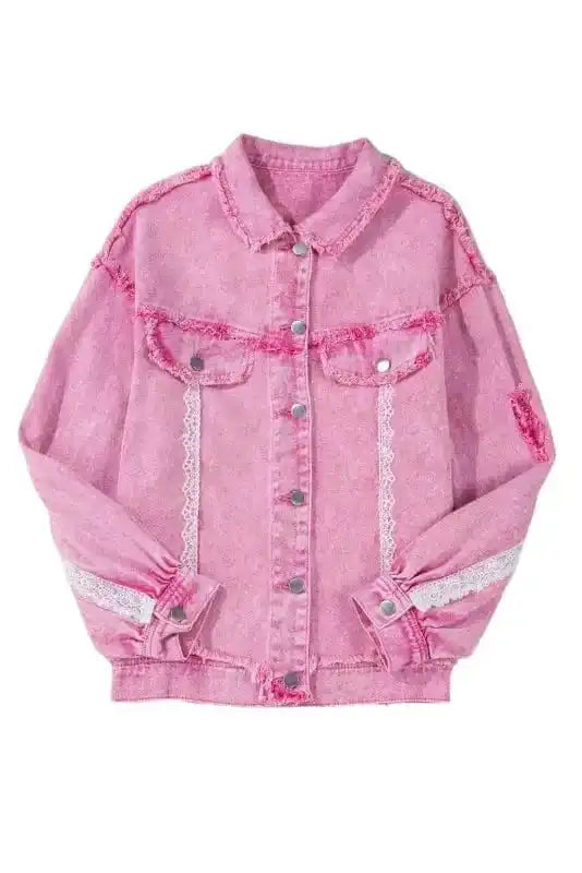 Denim jackets Lace Accents Distressed Denim Jacket