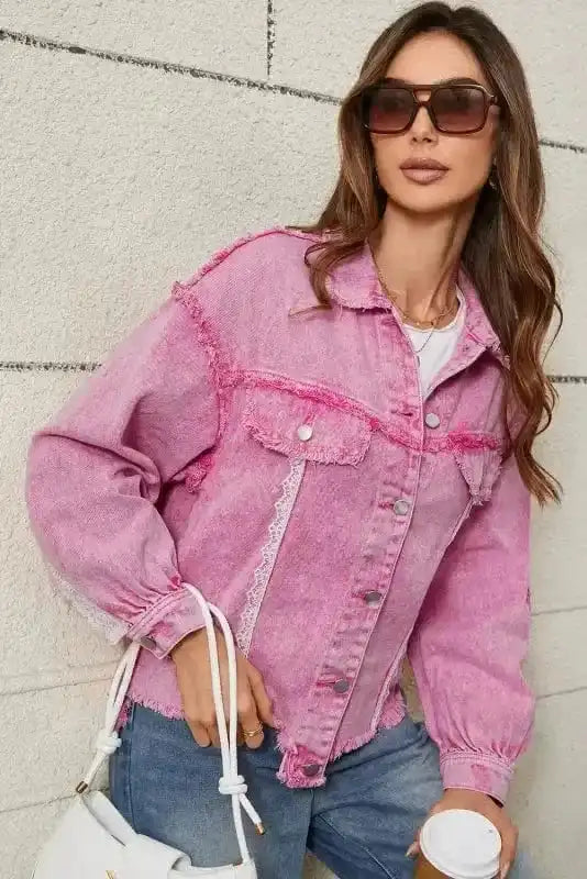 Denim jackets Lace Accents Distressed Denim Jacket