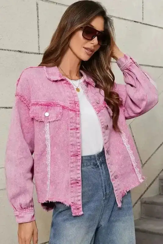 Denim jackets Lace Accents Distressed Denim Jacket