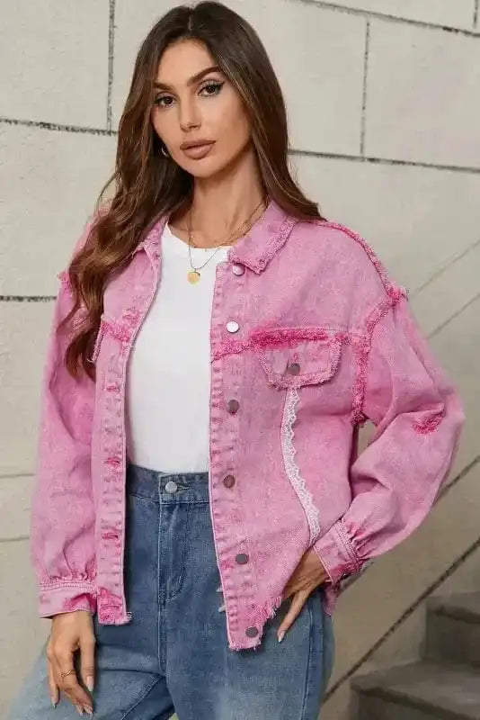 Denim jackets Lace Accents Distressed Denim Jacket