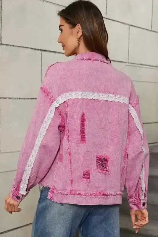 Denim jackets Lace Accents Distressed Denim Jacket