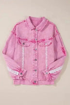 Denim jackets Lace Accents Distressed Denim Jacket
