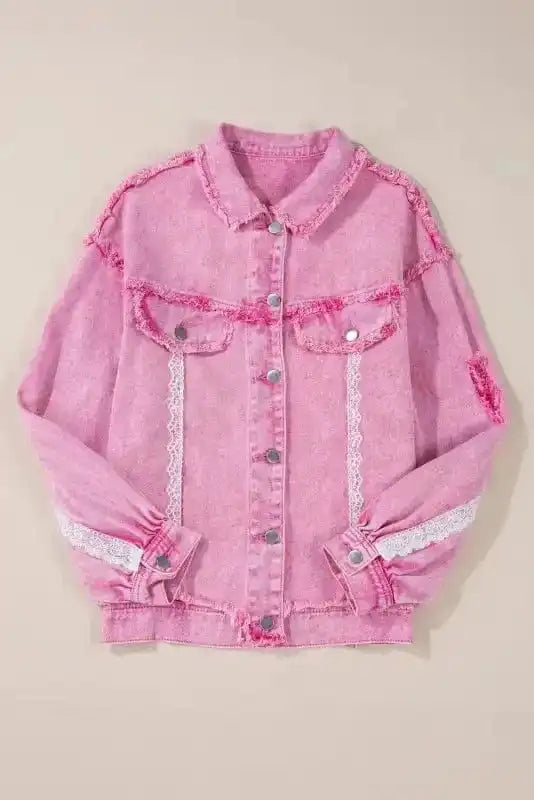 Denim jackets Lace Accents Distressed Denim Jacket