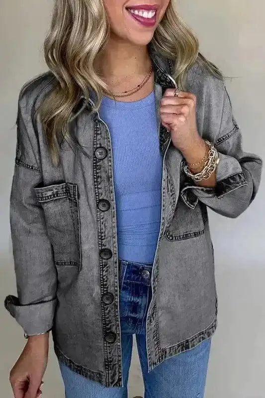 Denim jackets Medium Grey / S / 95%Cotton+5%Polyester Patched Pocket Split Denim Jacket